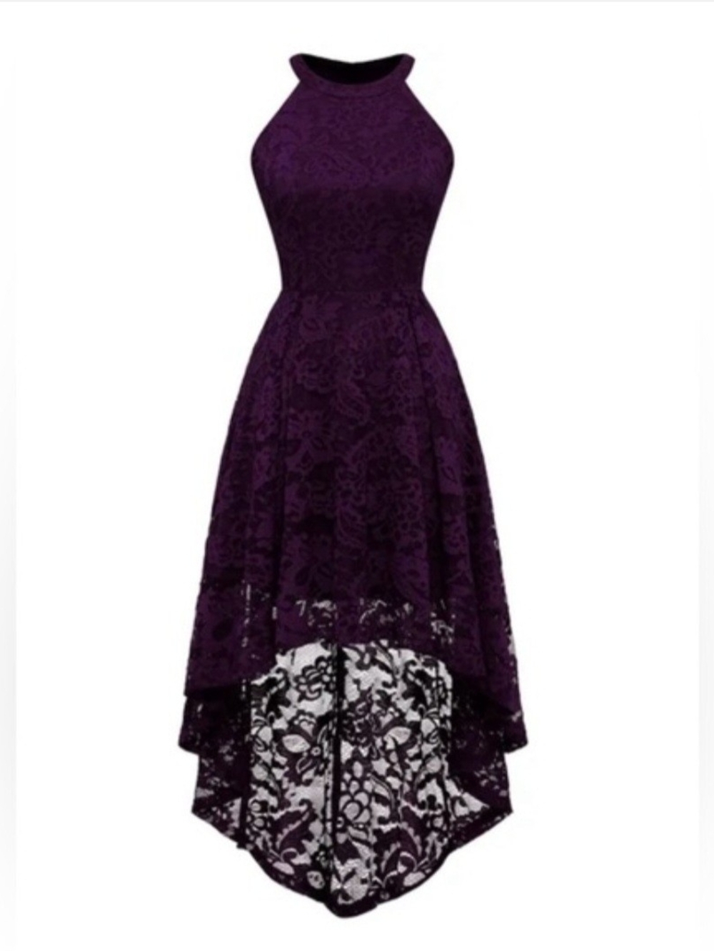 Elegant Purple Lace High-Low Halter Dress